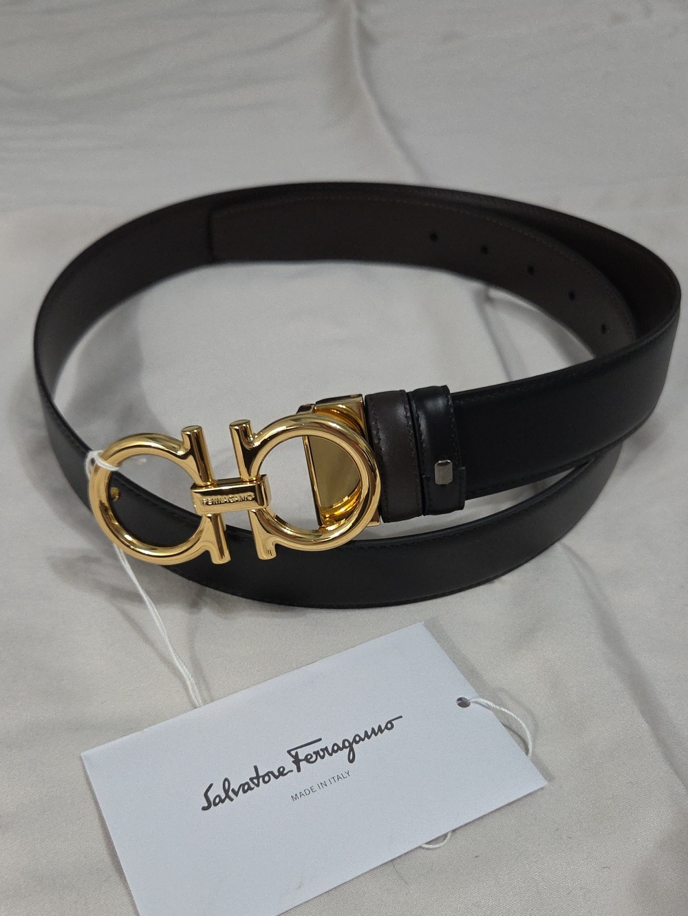 Salvatore Ferragamo Black/Brown Leather Belt Gold Gancini Buckle